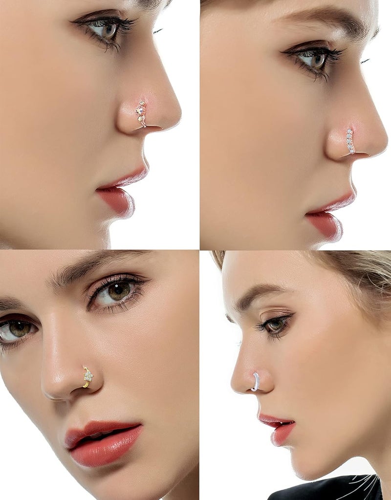 Tornito 10Pcs Nose Ring Hoop Paved Flower Leaf Feather CZ Cartilage Earrings Nose Piercing Jewelry for Women Men Silver Gold Rose Gold Tone 20G - Image 3