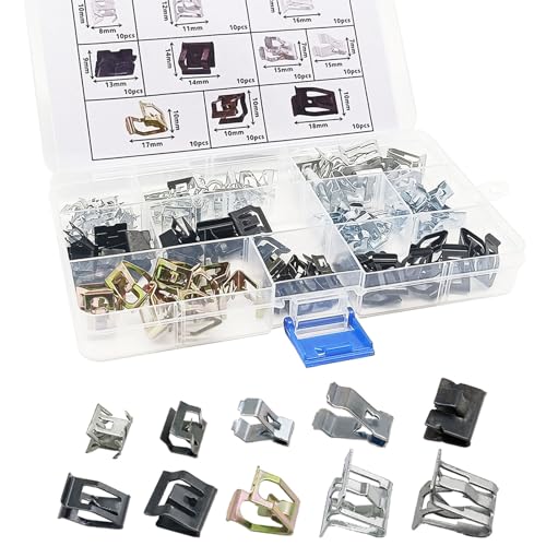 100Pcs 10 Sizes Auto Car UClip Metal Trim Panel Spring Clip Trim Moulding Clip Kit 4A0867276A Compatible with VW Audi