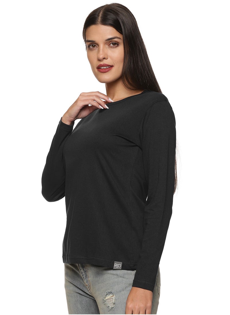 RSO Outfits - Regular Fit Solid Cotton Full Sleeves Round Neck Women's T-Shirt Black - Image 1