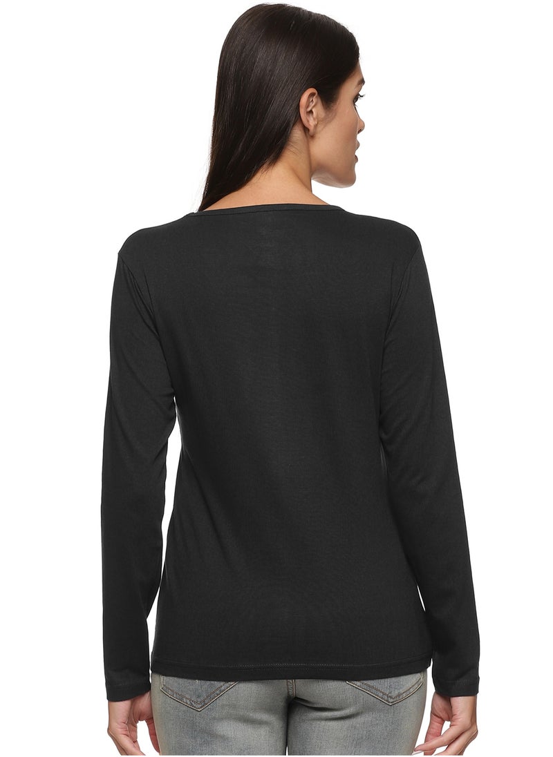 RSO Outfits - Regular Fit Solid Cotton Full Sleeves Round Neck Women's T-Shirt Black - Image 1