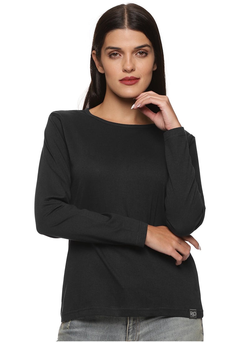 RSO Outfits - Regular Fit Solid Cotton Full Sleeves Round Neck Women's T-Shirt Black - Image 1
