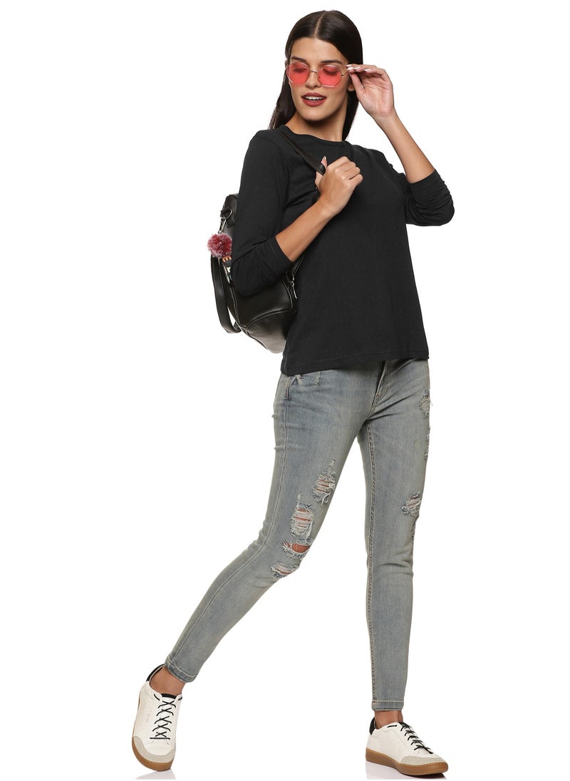 RSO Outfits - Regular Fit Solid Cotton Full Sleeves Round Neck Women's T-Shirt Black - Image 1
