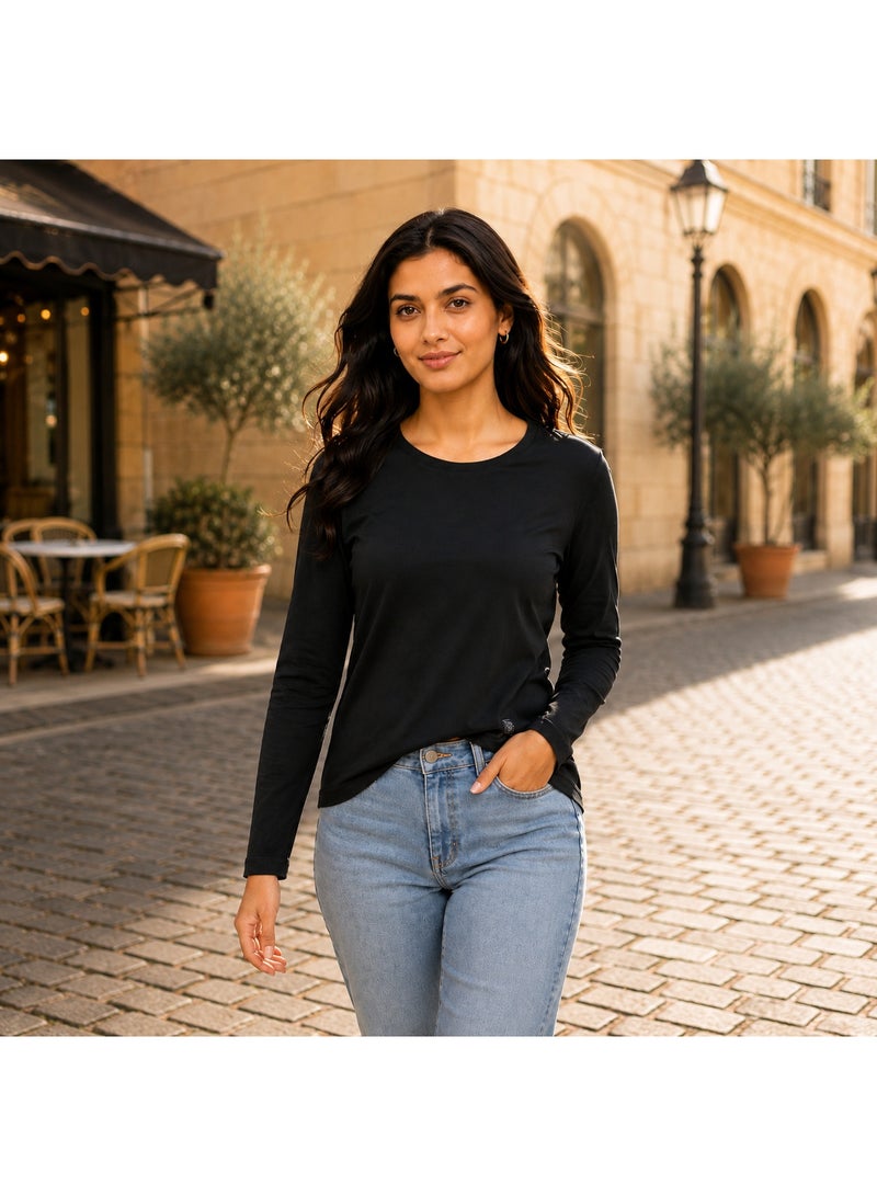 RSO Outfits Regular Fit Solid Cotton Full Sleeves Round Neck Women's T-Shirt Black - Image 1