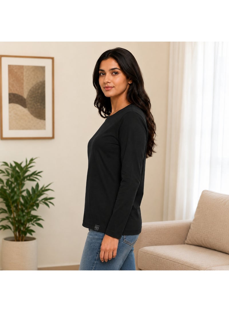 RSO Outfits Regular Fit Solid Cotton Full Sleeves Round Neck Women's T-Shirt Black - Image 2