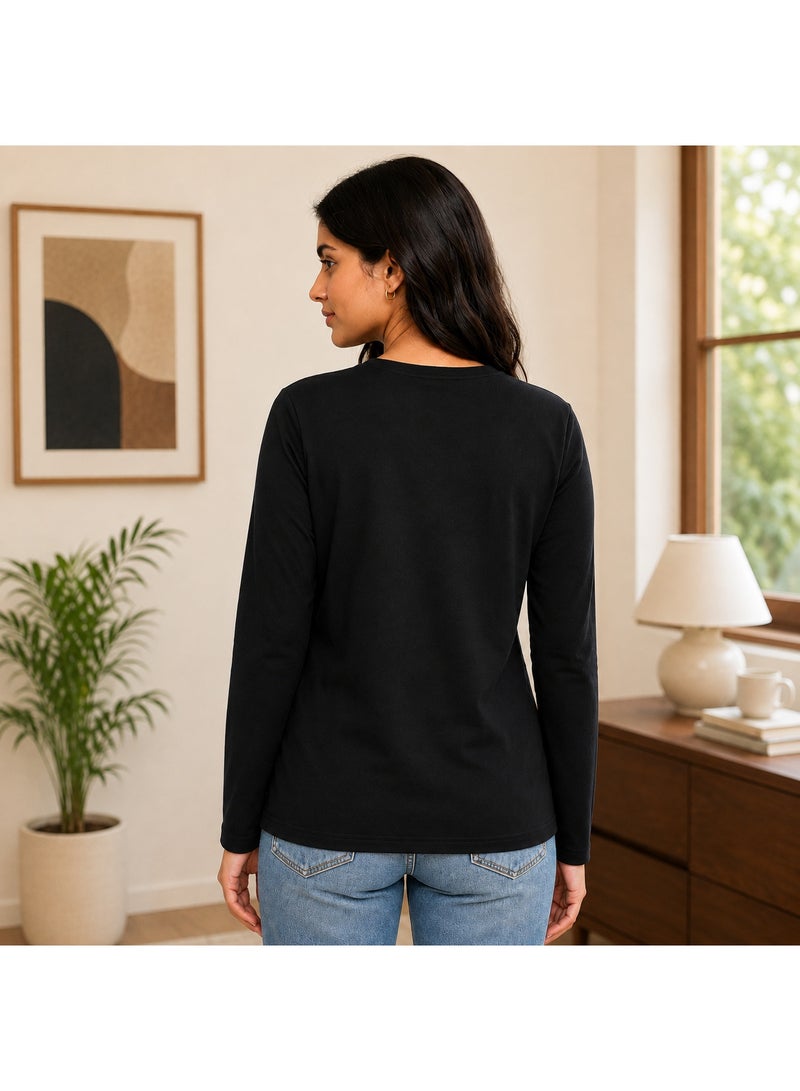 RSO Outfits Regular Fit Solid Cotton Full Sleeves Round Neck Women's T-Shirt Black - Image 3