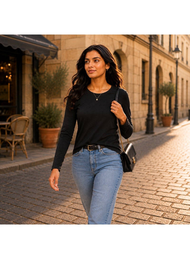 RSO Outfits Regular Fit Solid Cotton Full Sleeves Round Neck Women's T-Shirt Black - Image 4