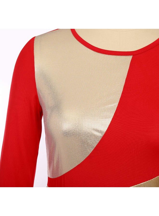 IMEKIS Women Metallic Bi Color Liturgical Praise Dance Dress Long Sleeve Lyrical Dancewear Church Maxi Robe Worship Costume, # Red + Gold, L - Image 5
