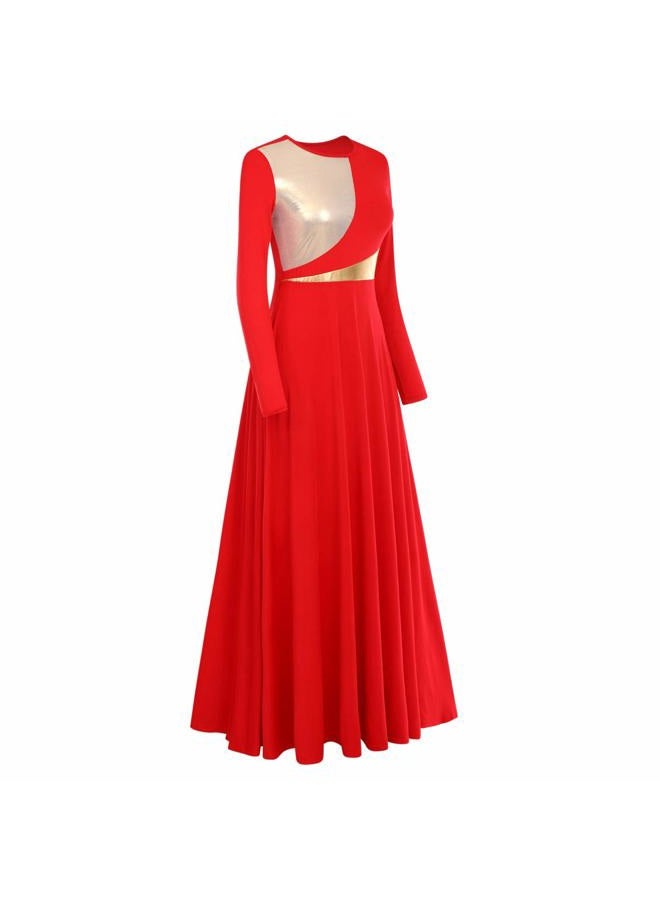 IMEKIS Women Metallic Bi Color Liturgical Praise Dance Dress Long Sleeve Lyrical Dancewear Church Maxi Robe Worship Costume, # Red + Gold, L - Image 3