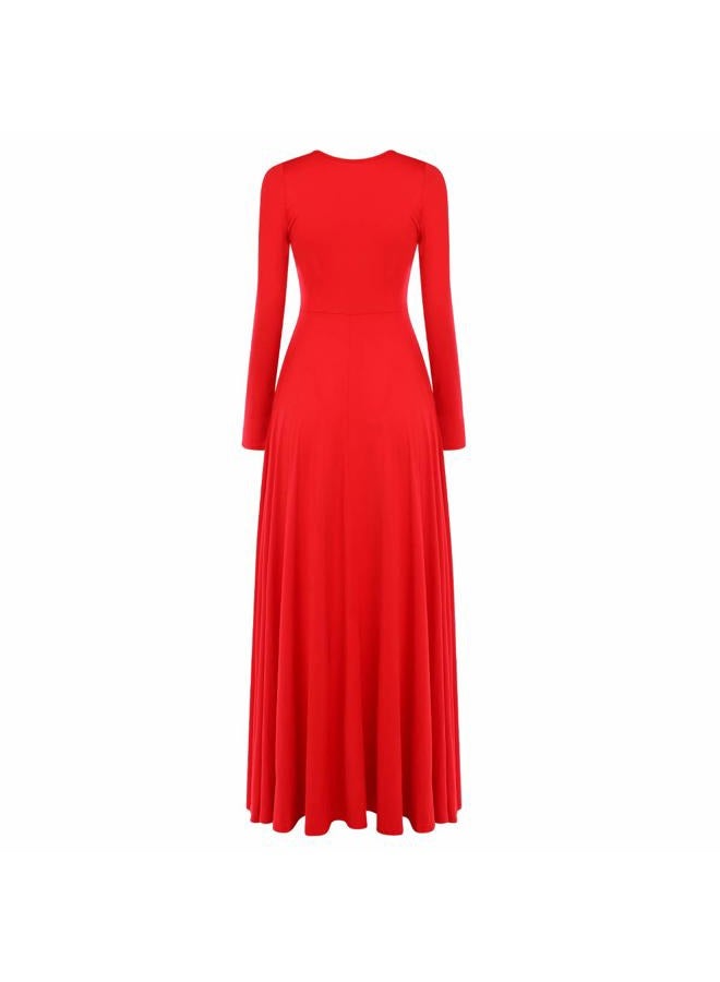 IMEKIS Women Metallic Bi Color Liturgical Praise Dance Dress Long Sleeve Lyrical Dancewear Church Maxi Robe Worship Costume, # Red + Gold, L - Image 4