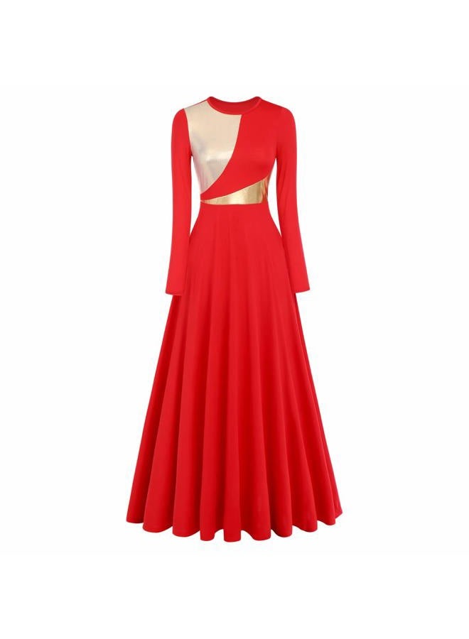 IMEKIS Women Metallic Bi Color Liturgical Praise Dance Dress Long Sleeve Lyrical Dancewear Church Maxi Robe Worship Costume, # Red + Gold, L - Image 1