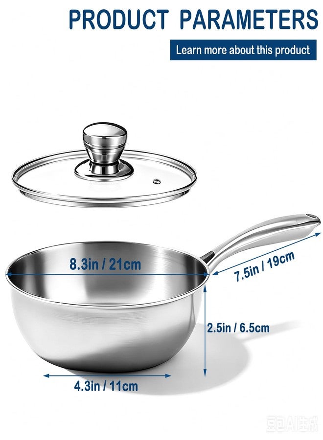 Bigwinyep Stainless Steel Saucier Pan with Lid, 1.3 Quart Saucepan with Lid, 8inch Frying Pan, 3-Ply Heavy Bottom Sauce Pan Cookware for All Stovetops,1200Ml/40OZ - Image 2