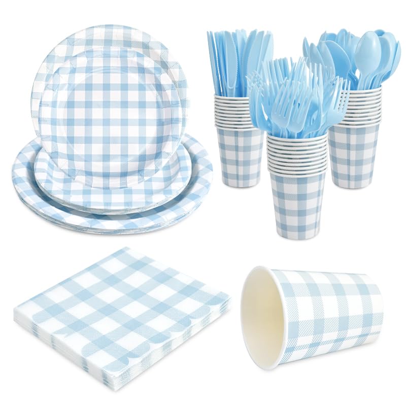 BHHQHH 168Pcs Gingham Party Supplies for 24 Guests Thick Paper Plates and Napkins Knives Spoons Forks Cups Disposable Party Set Cutlery for Dinner Baby Shower Wedding FavorBlue - Image 1