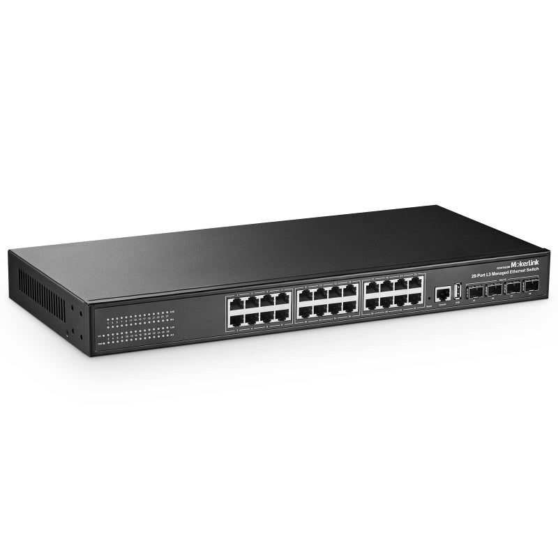 MokerLink 28 Port Gigabit Managed Switch 24 Port GE 4 x 10G SFP Uplink 1 Console Port 1 USB Port L3 Smart Managed Rackmount Fanless DHCP QoS Vlan IGMP and Static Routing