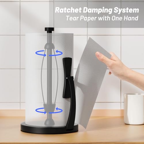 VEHHE Paper Towel Holder Countertop OneHanded Tear Stainless Steel Stand Paper Towel Holder with Spring Activated Arm Non Slip Weighted Base for Kitchen Bathroom Black - Image 3