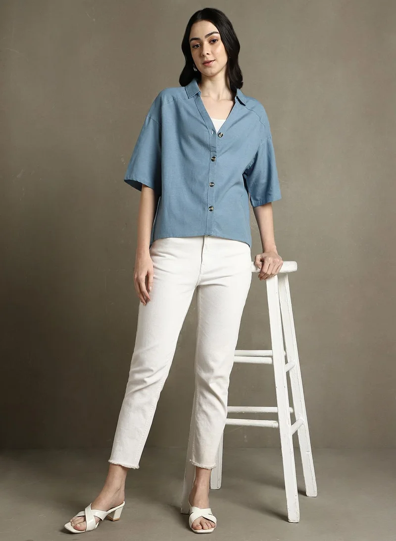 Dennis Lingo Women's Indigo Cotton Blend Solid Button Down Oversized Shirt