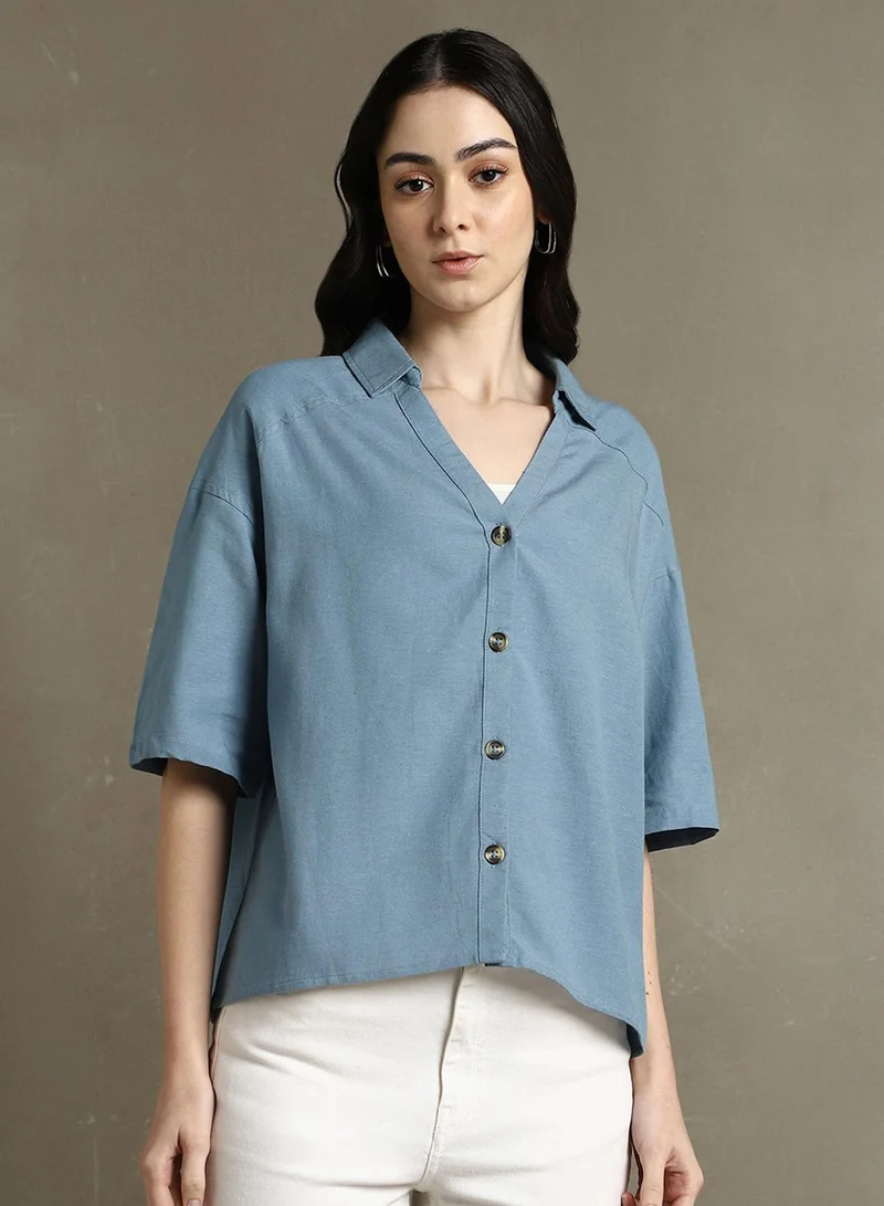 Dennis Lingo Women's Indigo Cotton Blend Solid Button Down Oversized Shirt