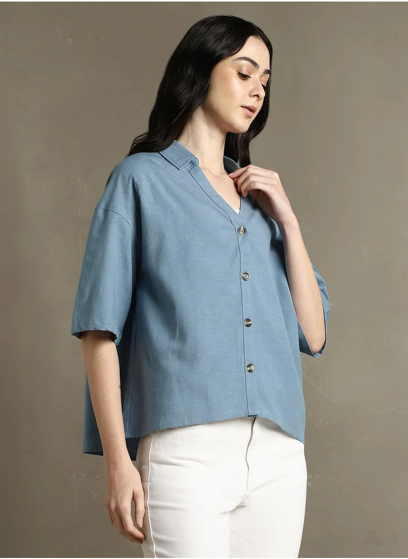 Dennis Lingo Women's Indigo Cotton Blend Solid Button Down Oversized Shirt