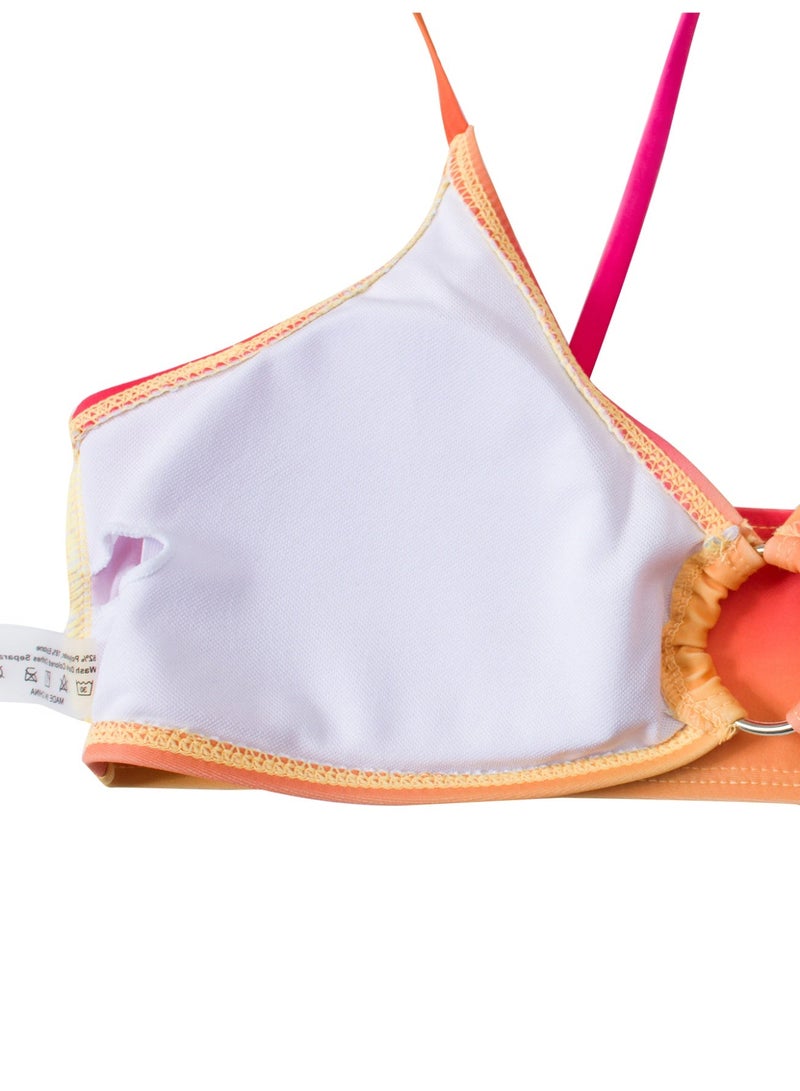 Women's 3 Piece Gradient Orange Yellow Bikini Set, O-Ring Front Triangle Bikini + High Cut Bottom + Side Ruched Mesh Cover Up Skirt - Image 2