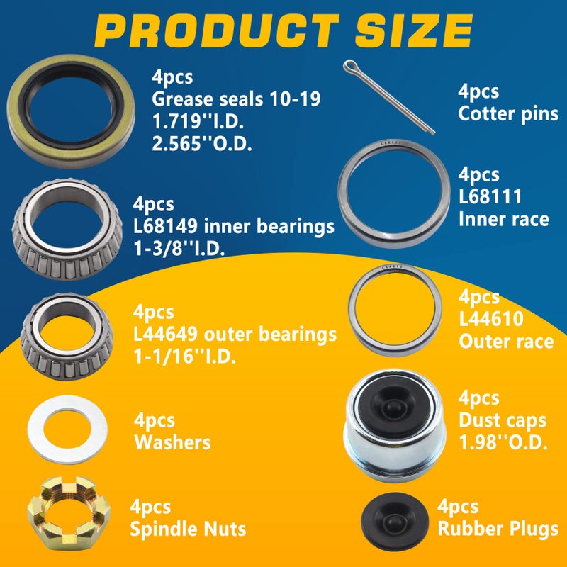 GREPSPUD 4Sets L68149 L44649 Trailer Axle Hub Bearings Kit with 171255TB Grease Seals, 1.98'' Trailer Dust Caps, Cotter Pins, Axle Nuts & Washers for 3500 lbs 1-3/8'' to 1-1/16'' #84 Spindle - Image 2