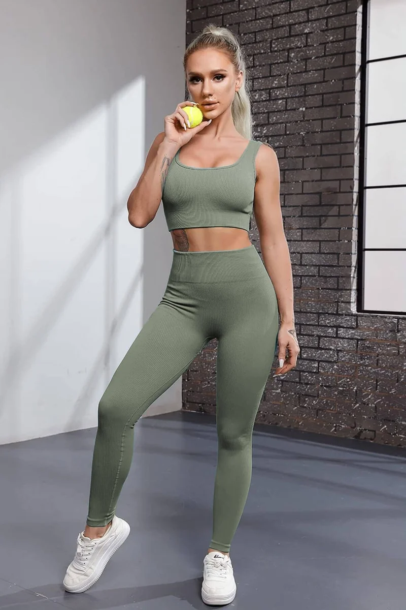 هيبسين راكيب Rival to All, Flexible Ribbed Sports Tights and Wide Strap Padded Bustier Set - Women's High Waist Combination