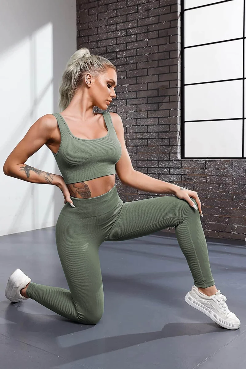 هيبسين راكيب Rival to All, Flexible Ribbed Sports Tights and Wide Strap Padded Bustier Set - Women's High Waist Combination