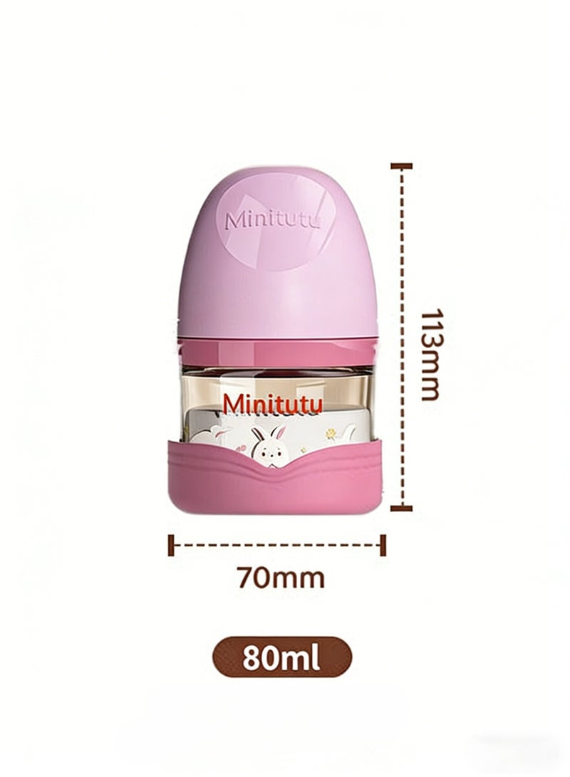 Minitutu 80ml Medium Borosilicate Glass Baby Bottle, Pink Purple Rabbit Design with Anti-Colic Soft Nipple for Newborn - Image 2