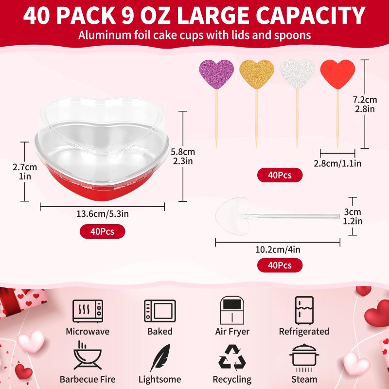 LifeisLuck 40 Set Heart Shaped Cake Pans 9 oz Disposable Aluminum Foil Mini Heart Cake Pan 5.4 Inch Cake Containers with Lids Dessert Baking Cups Pans Liners for Christmas Valentine's Weddings Mother's Day Party - Image 2