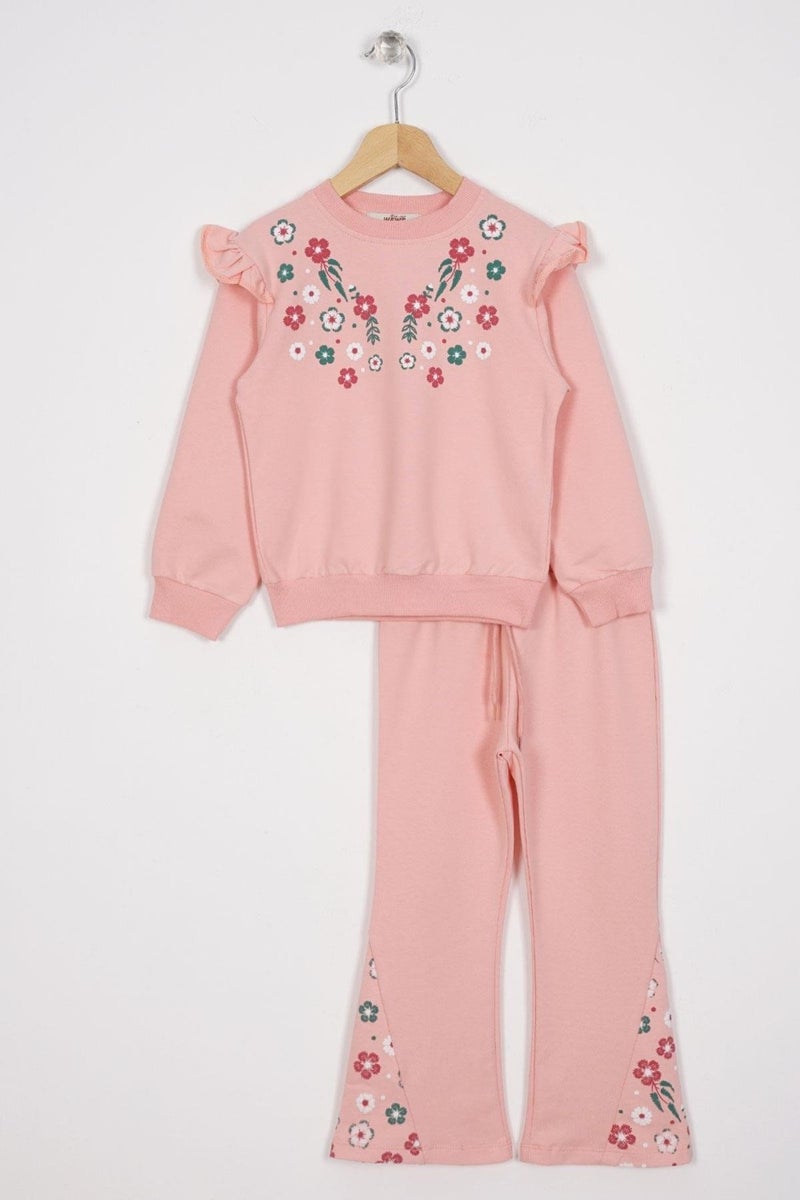 Zepkids Crew Neck Long Sleeve Flower Embroidery Printed Salmon Color Girl's Two Piece Set  - Image 1