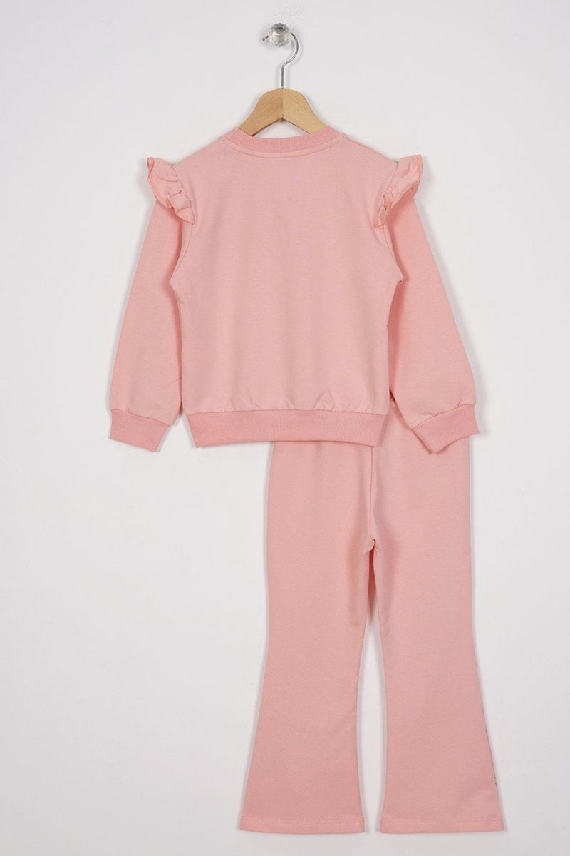 Zepkids Crew Neck Long Sleeve Flower Embroidery Printed Salmon Color Girl's Two Piece Set  - Image 3