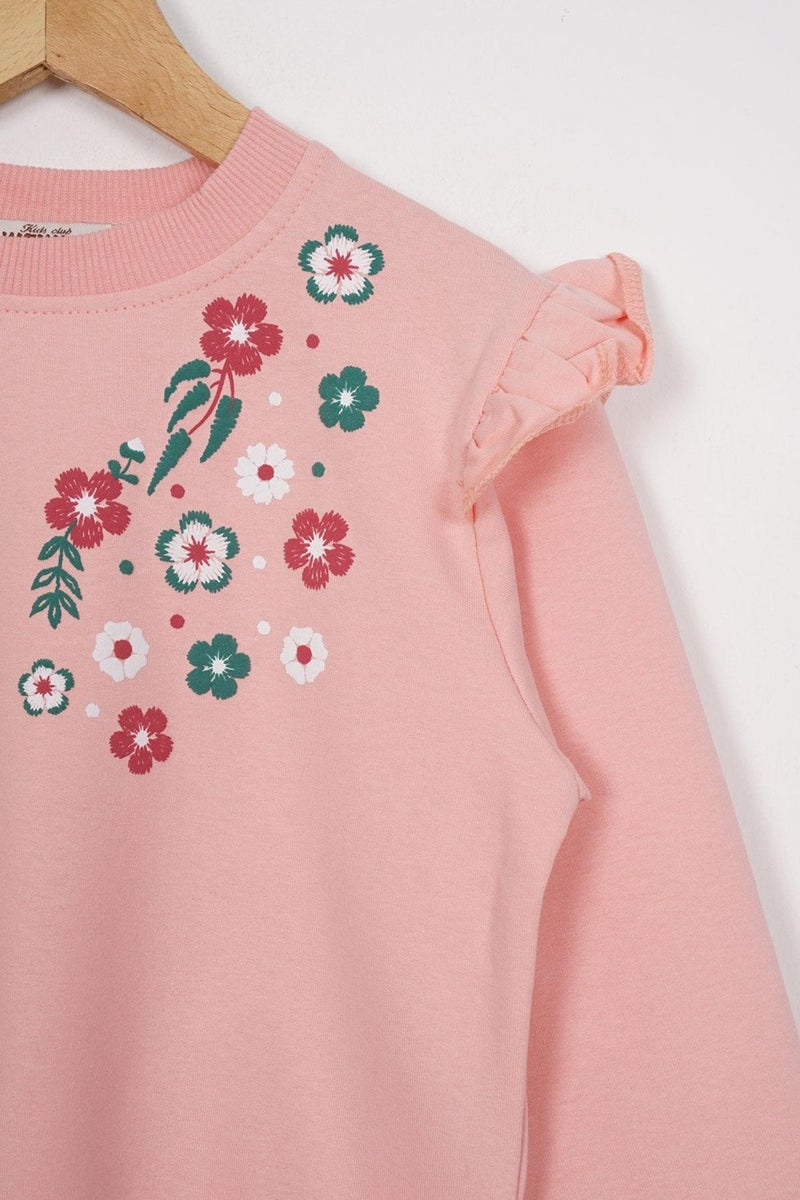 Zepkids Crew Neck Long Sleeve Flower Embroidery Printed Salmon Color Girl's Two Piece Set  - Image 2