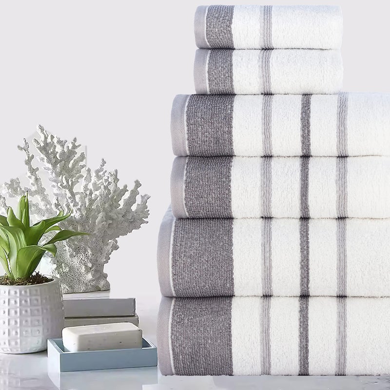 CASA COPENHAGEN CASA COPENHAGEN White Bay  6 Pieces Towel Set- White with Dark Grey and Light Grey Border  600 GSM  2Bath  2Hand  2Washcloths Egyptian Cotton Towel for Hotel Spa Kitchen Bathroom Kitchen & Shower  - Image 1