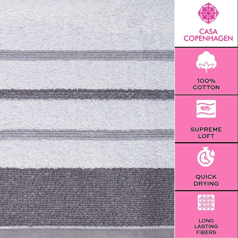 CASA COPENHAGEN CASA COPENHAGEN White Bay  6 Pieces Towel Set- White with Dark Grey and Light Grey Border  600 GSM  2Bath  2Hand  2Washcloths Egyptian Cotton Towel for Hotel Spa Kitchen Bathroom Kitchen & Shower  - Image 3