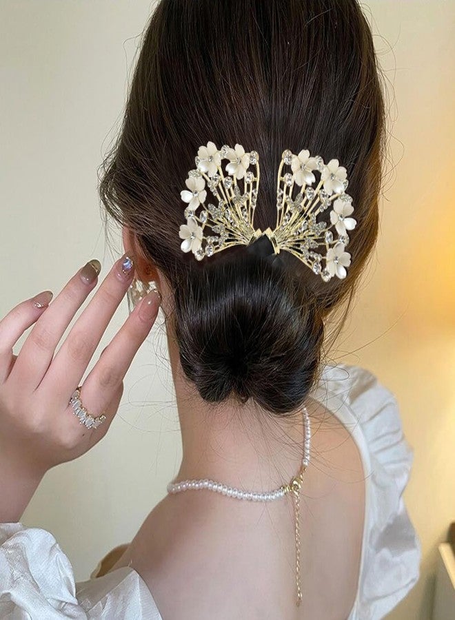Dodhar Juda Bun Accessories for Women Quick Bun Maker for Hair Medium Thick Bun Clips for Women White Floral Rhinestone Style Twist Bun Clips for for Daily - Image 3