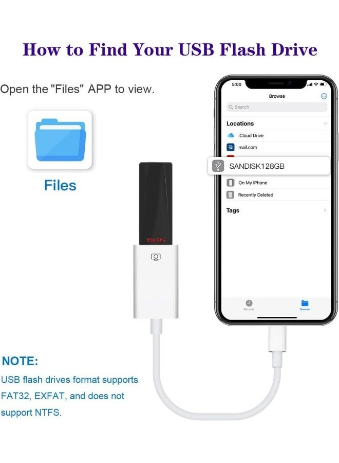 Apluynm Lightning to USB Camera Adapter, Apple MFi Certified USB OTG Cable Converter for iPhone 14 13 12 11 Pro Max XS XR X 8 iPad, Support Camera, Card Reader, USB Flash Drive, MIDI Keyboard - Image 4