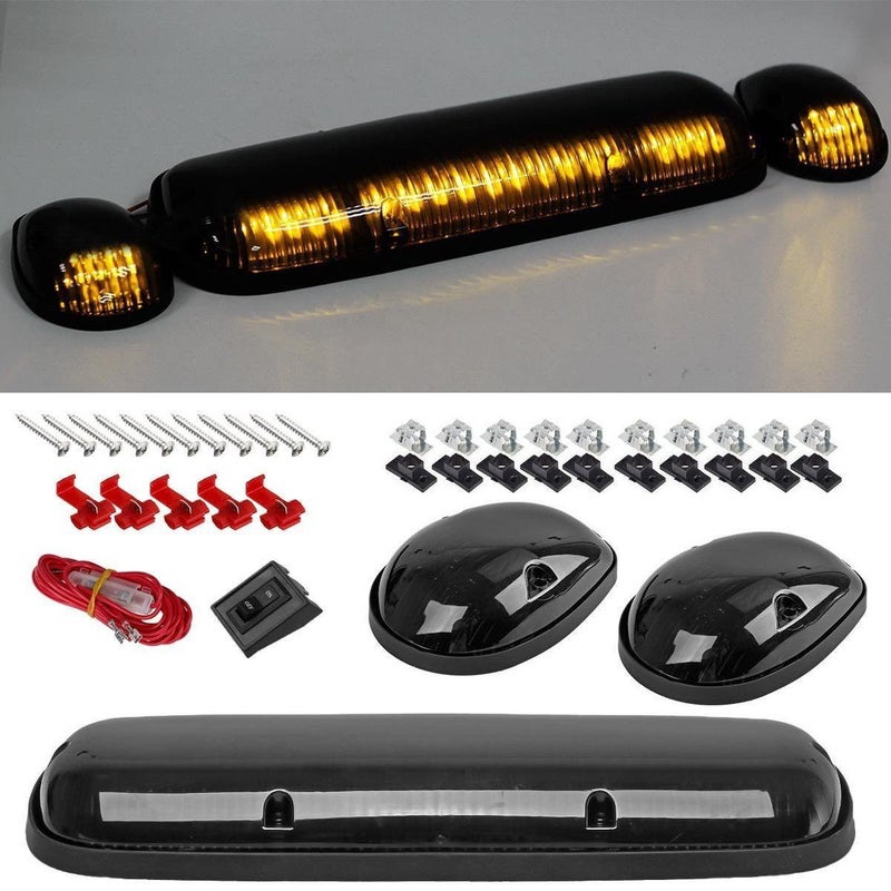 GSRECY 3pcs Amber LED Light Cab Marker Roof Running Top Light Lamps Assembly wWire Harness Compatible with Chevy Silverado GMC Sierra 1500 1500HD 2500 2500HD 3500 Trucks 20022007 Smoke Lens