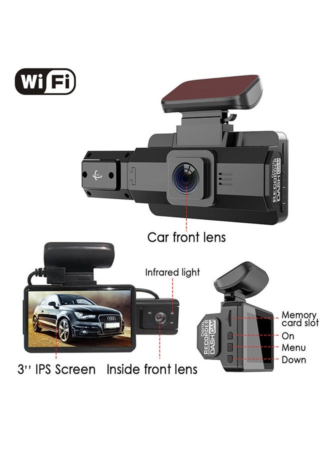 3 Channel WiFi 4K 1296P Dash Cam for Cars with 32GB Memory Card, HD Car in Front of the Car Inside the Car Behind the Car Simultaneously Recording