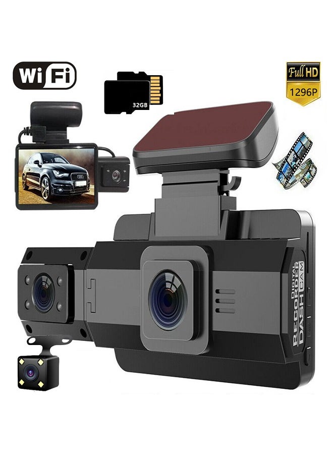 CAFELE 3 Channel WiFi 4K 1296P Dash Cam for Cars with 32GB Memory Card, HD Car in Front of the Car Inside the Car Behind the Car Simultaneously Recording  - Image 1