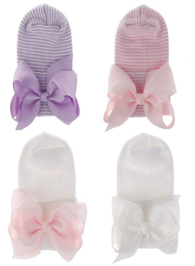 Adeimoo Newborn Hospital Hat Baby Girls Hat Cap with Bow Soft Cute Infant Knot Nursery Beanie (4 Pack Ribbon Bow / 0-3 Month) - Image 2