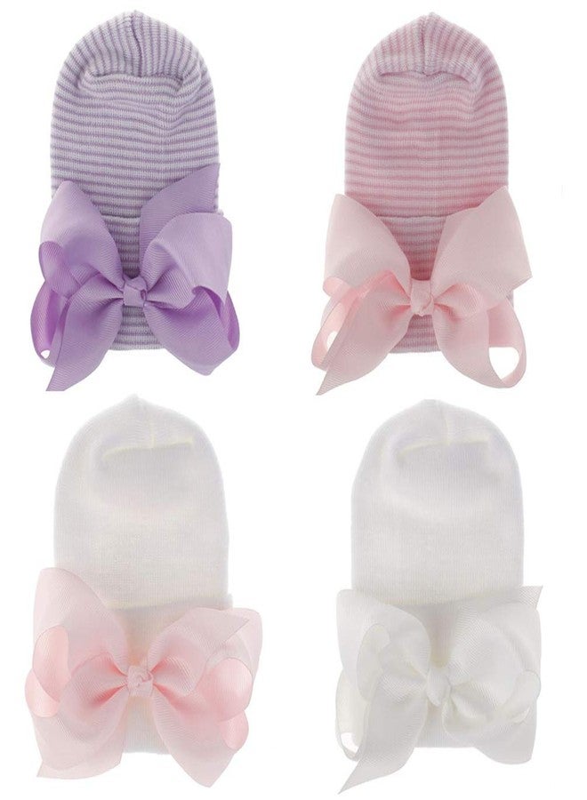Adeimoo Newborn Hospital Hat Baby Girls Hat Cap with Bow Soft Cute Infant Knot Nursery Beanie (4 Pack Ribbon Bow / 0-3 Month) - Image 1