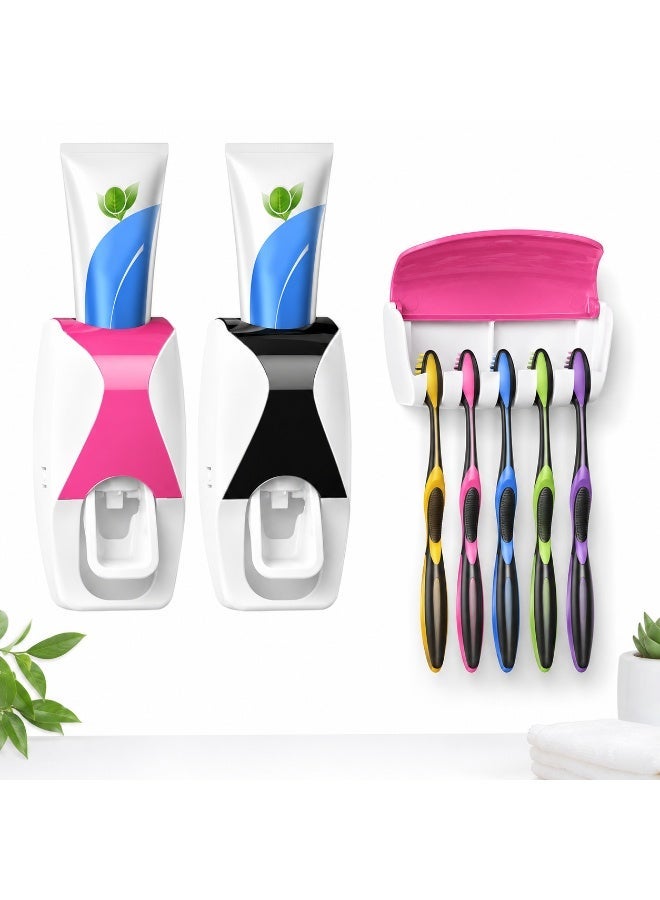 2 Pack Wall Mounted Toothpaste Dispenser with Toothbrush Holder, Press Toothpaste Squeezer, No Drill Adhesive Installation, Space Saving Bathroom Organizer, Practical Gift for Family and Kids - Image 1