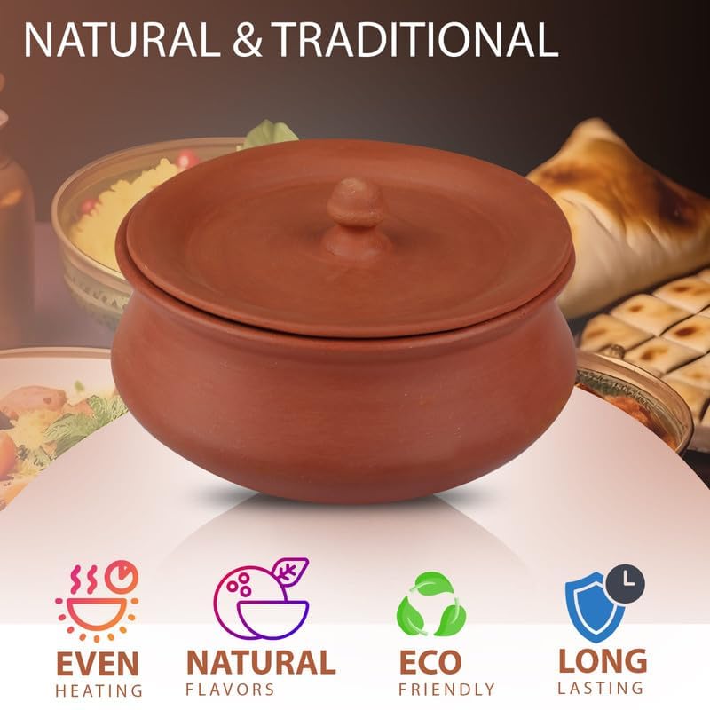 Bhanvi 1500ml Unpolished Clay Curd Pot Handi | Dahi Handi | Serving Bowl | Mud/Mitti/Terracotta Handi | Handmade Yogurt Handi with Lid | 1500 ml Large Handi for Kitchen with Lid (Degchi, 1500 ml) - Image 5