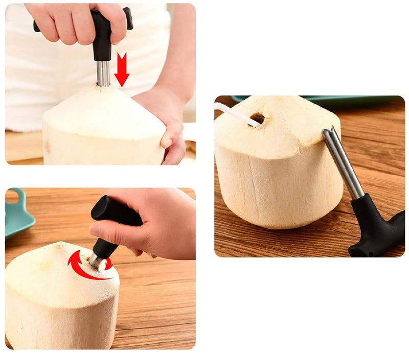 ERZA Coconut Opener Tool, Stainless Steel Tender Coconut Hole Remover with Easy Press & Release, Drill Cutter with Cleaner Stick, Food Grade, Dishwasher Safe, Easy Straw Hole Maker, PC1 - Image 3