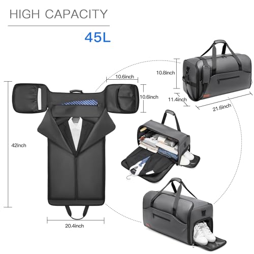 Moulyan Garment Bags for Travel,45L Carry on Convertible Garment Duffle bag for Men Women - 3 in 1 Hanging Suit Travel Bag with Shoulder Strap - Image 2