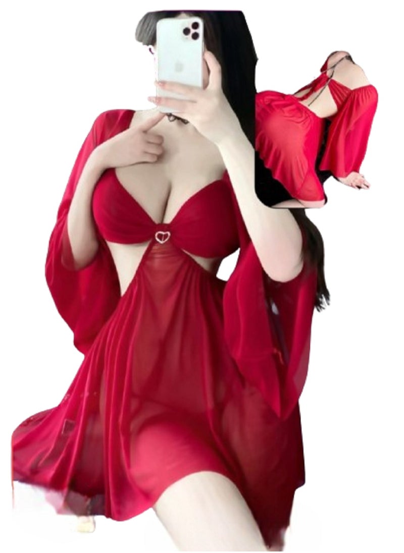 Ward Women's Lingerie with Open Design Heart-Shaped Detailing Wide Sleeves and Backless Style 