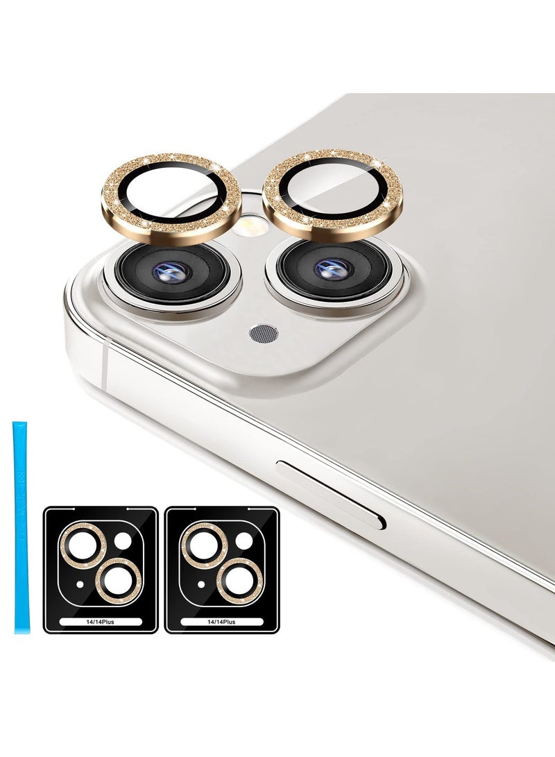 Excefore for iPhone 14 / 14 Plus Camera Lens Protector, 9H Tempered Glass Camera Cover Screen Protector Metal Individual Ring Protector for iPhone 14 and iPhone 14 Plus (2 Set, Gold) - Image 1