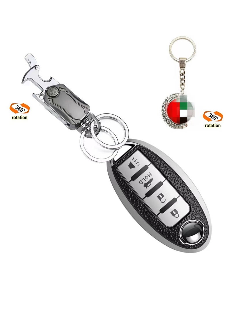 OUYoo For Nissan Key Fob Cover with Metal fidget spinner key chain, UAE flag key chain, Advanced Soft TPU Surface Grain Key Case for Nissan Key Shell (4 Button only) (Silver）