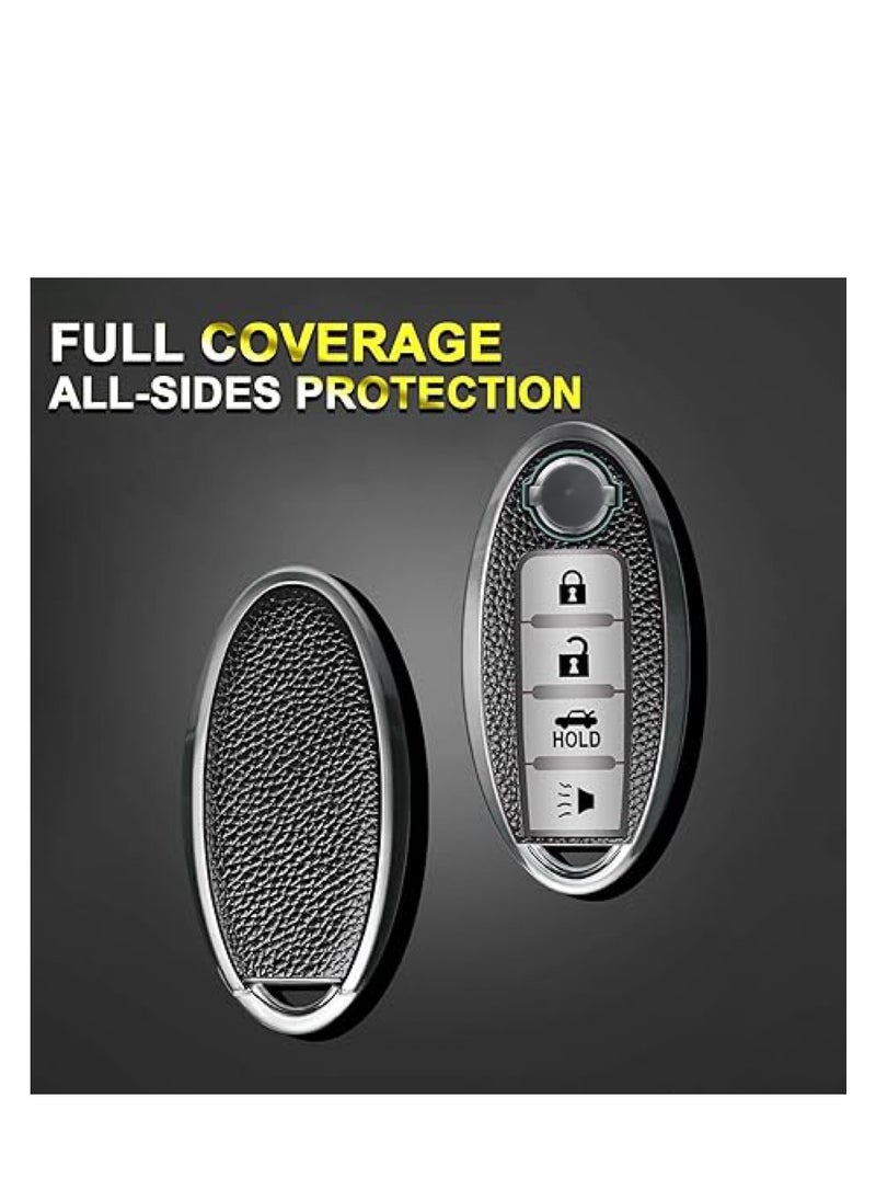OUYoo For Nissan Key Fob Cover with Metal fidget spinner key chain, UAE flag key chain, Advanced Soft TPU Surface Grain Key Case for Nissan Key Shell (4 Button only) (Silver）