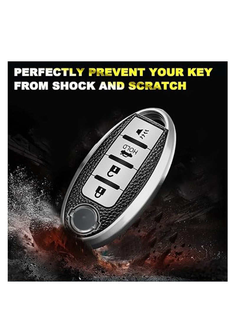 OUYoo For Nissan Key Fob Cover with Metal fidget spinner key chain, UAE flag key chain, Advanced Soft TPU Surface Grain Key Case for Nissan Key Shell (4 Button only) (Silver）