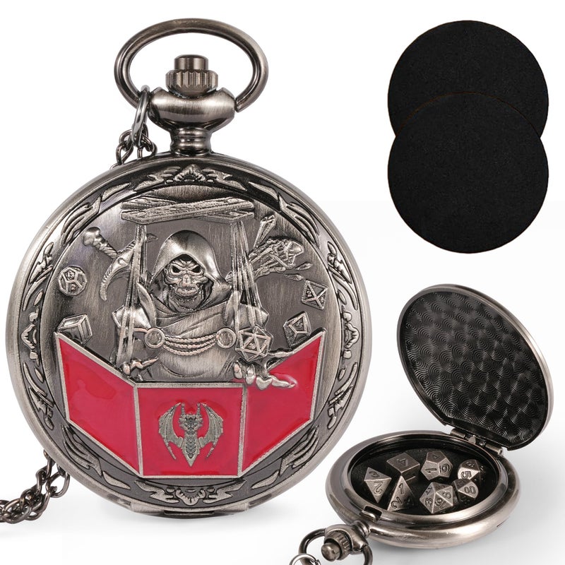 Kabinka DD Dice Set with Pocket Watch Shell 7Pcs Polyhedral Dice Set DND Dice with Necklace Perfect for Dungeons and Dragons Dice RPG Role Playing Dice Accessory DM Ancient Silver - Image 3