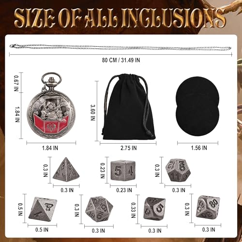 Kabinka DD Dice Set with Pocket Watch Shell 7Pcs Polyhedral Dice Set DND Dice with Necklace Perfect for Dungeons and Dragons Dice RPG Role Playing Dice Accessory DM Ancient Silver - Image 5